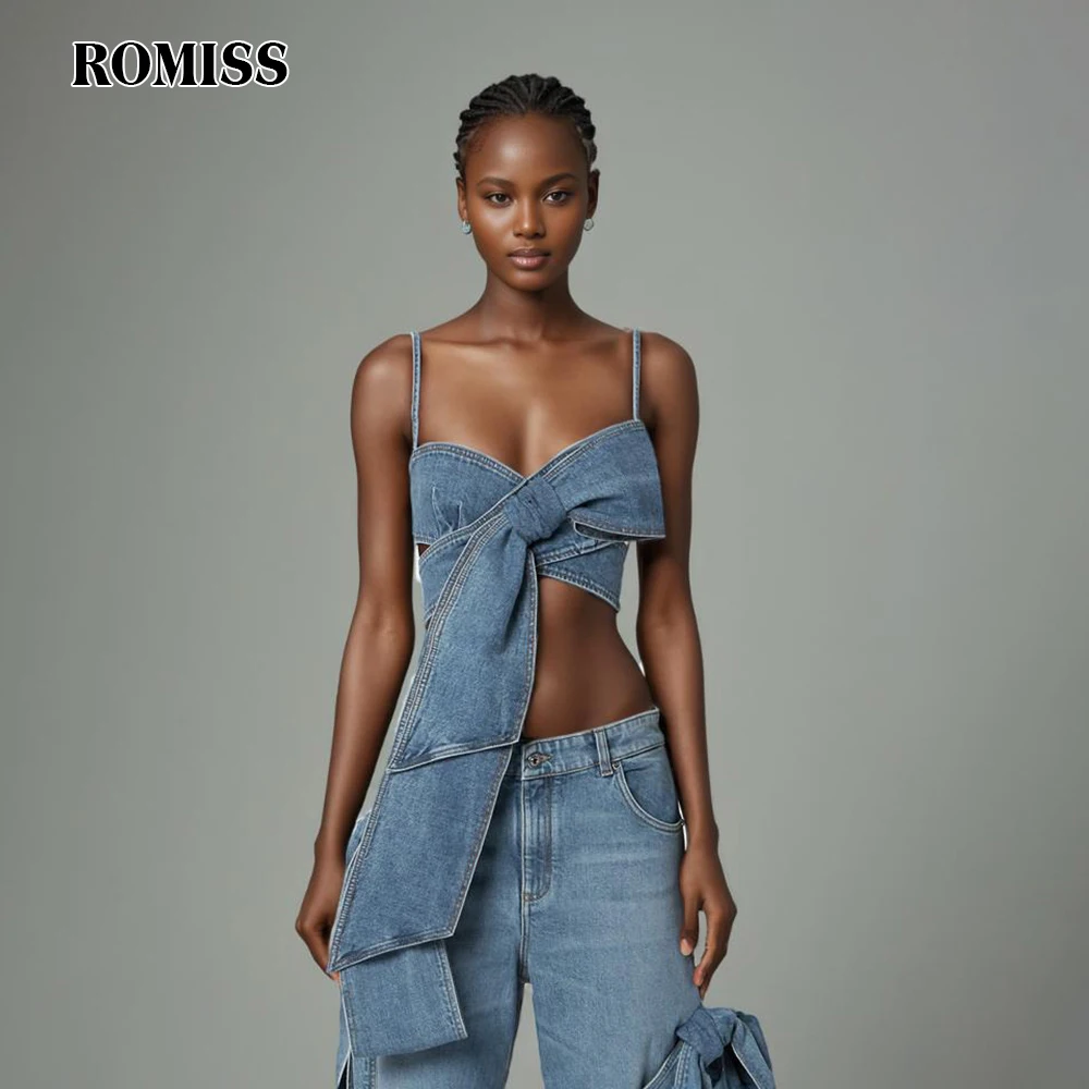 

ROMISS Solid Cross Hollow Out Denim Tank Tops Sleeveless Backless Spliced Bowknot Sexy Slimming Vests Female Fashion Summer