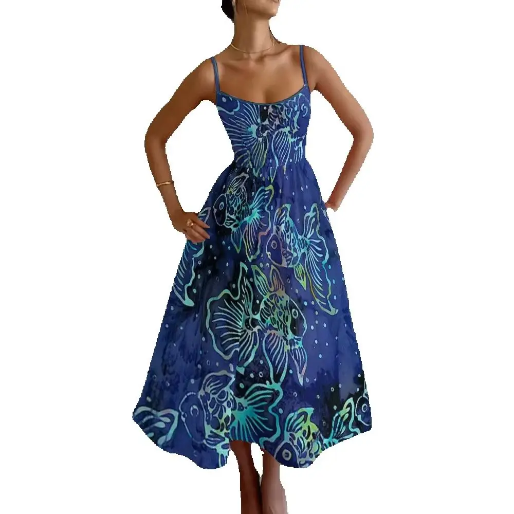 

Strap Skirt With Waist Cinching And Revealing Waistline Large Hem And Fluffy High Luxury Dress Koi Print Dark Night Blue