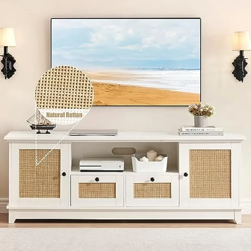 TV Stand Rattan Entertainment Center, Console moderno com armazenamento e gaveta, Televisão Stands para sala de estar, 70"