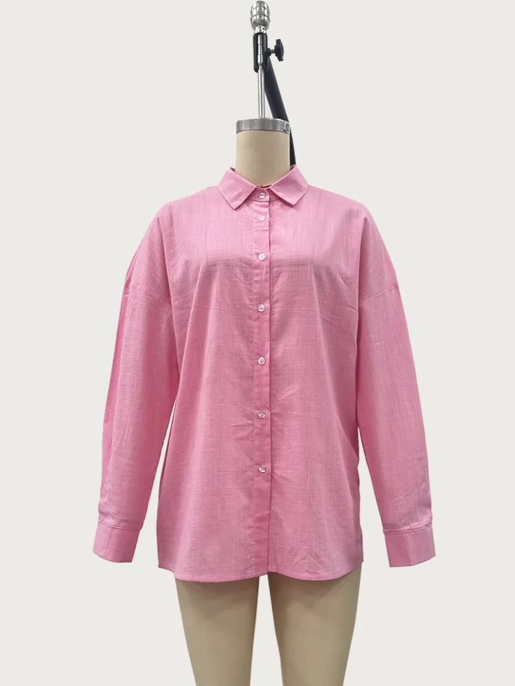 2025 Women's Oversize Shirt Long-sleeved Button Cardigan Pink Lapel Simple Korean Version White Top Blue Blouses for Female