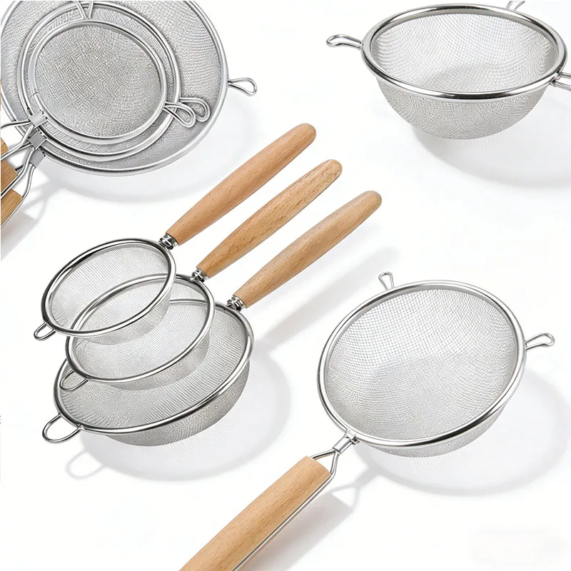 1/3pcs Stainless Steel Mesh Strainer with Wooden Handle, Fine Filtering for Juices, Residues and Flour, Ideal for Home Baking