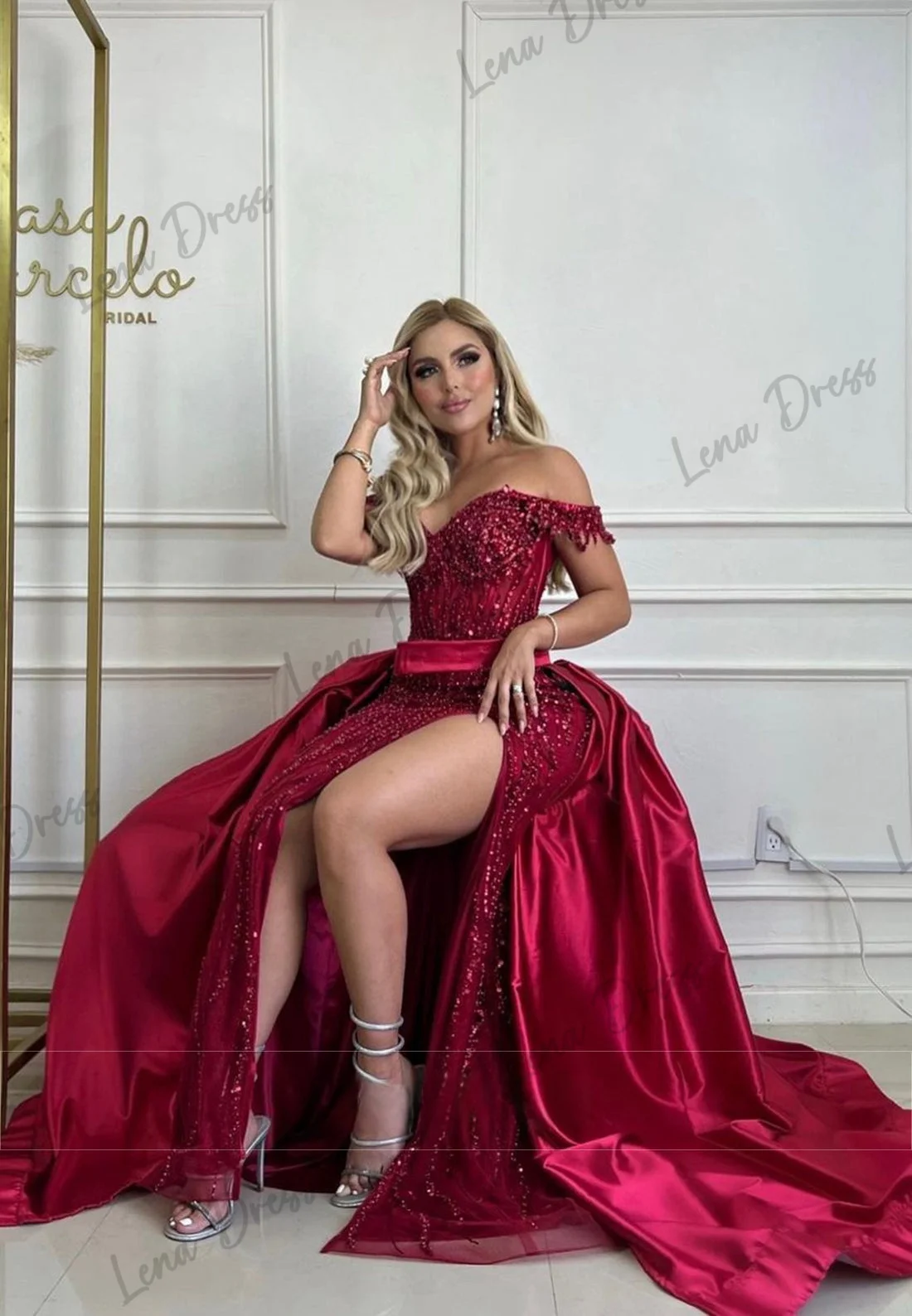 Lena Evening Gown Off the Shoulders Dubai Evening Dress 2024 Luxury Dresses Women 2024 Shiny Fish Tail Side Slit Ball Gowns Gala