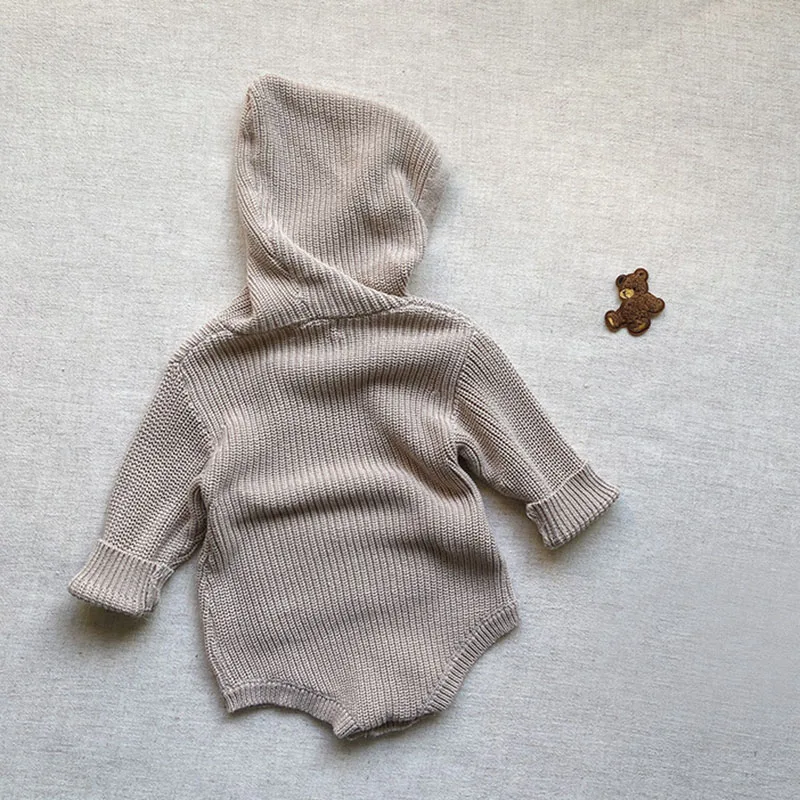 Autumn Spring Korean Style Knitting Climbing Suit Long Sleeved Solid Color Hooded Knitting Toddler Baby Boys Girl Romper