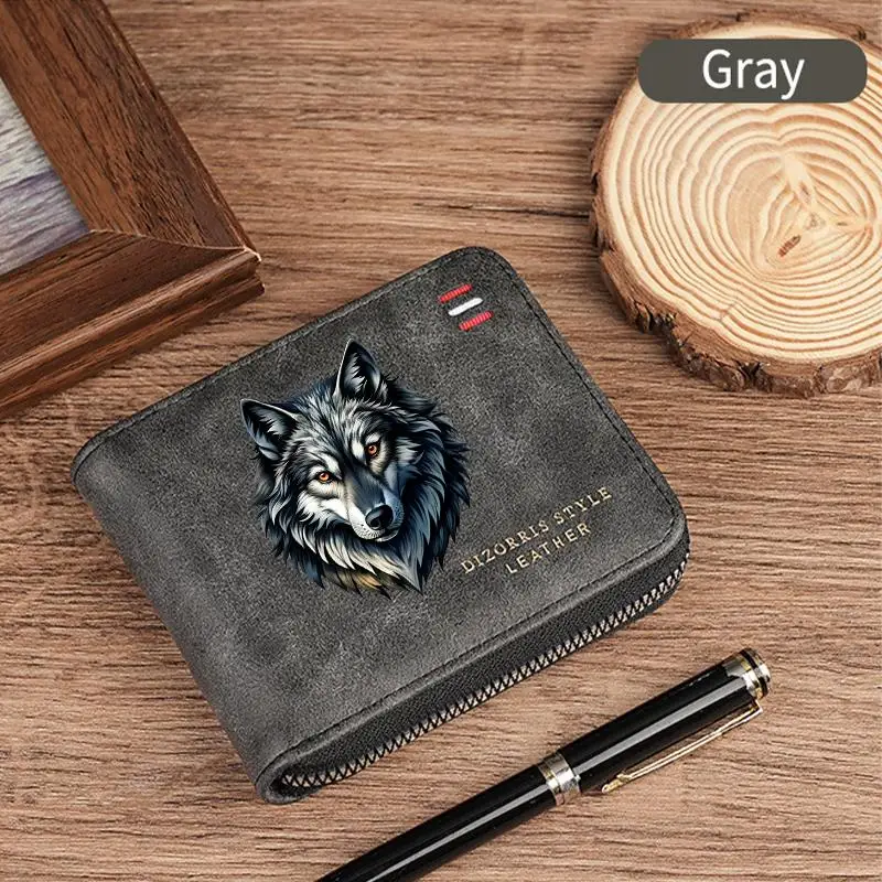 1pc Men's Wolf Print Bifold Wallet Short Zipper Wallets Slim Classic Coin Pocket Holder Wallet Card Holder Frosted Leather Gift