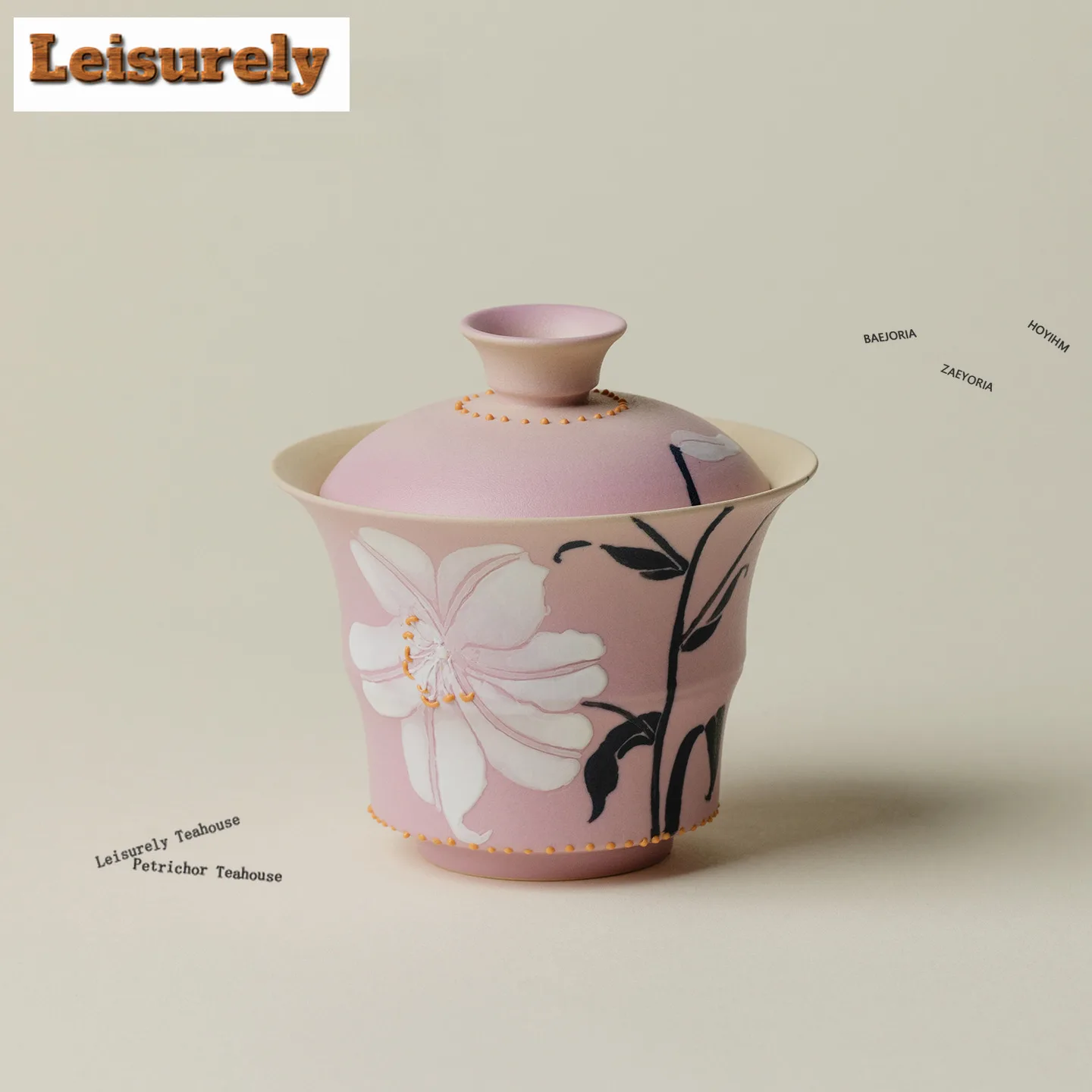HOYIHM 120ml Peach Pink Hand-painted Lily Gaiwan Zen Tea Tureen Tea Bowl with Lid Kit Tea Maker Cover Bowl Tableware Ornaments