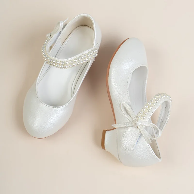 Girls High Heel Dance Shoes For Kids Pearl Teen Crystal Party Princess Shoes Child Wedding Formal Leather Sandals Girls Footwear