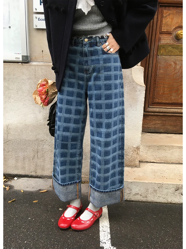 

Модные прямые джинсы с принтом и флисовой подкладкой, со средней посадкой, женские, маленький размер, MONA, трендовый дизайн, осень-зима, новинка