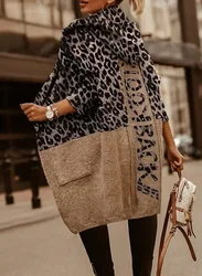 Cárdigan de leopardo para mujer, suéter de punto, jerséis gruesos cálidos para otoño e invierno, jersey de manga larga Y2k de ganchillo marrón Maxi