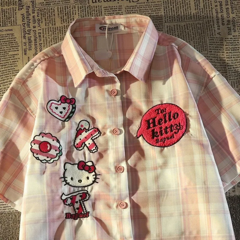 Sanrio Hello Kitty Cinnamoroll Checkered T-shirt For Women Summer New College Style Blouse Japanese Cute Short Sleeve Polo Top