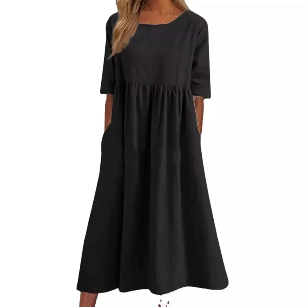 Round neck 5-point sleeve plus size casual qun skirt loose long solid color cotton and linen dress