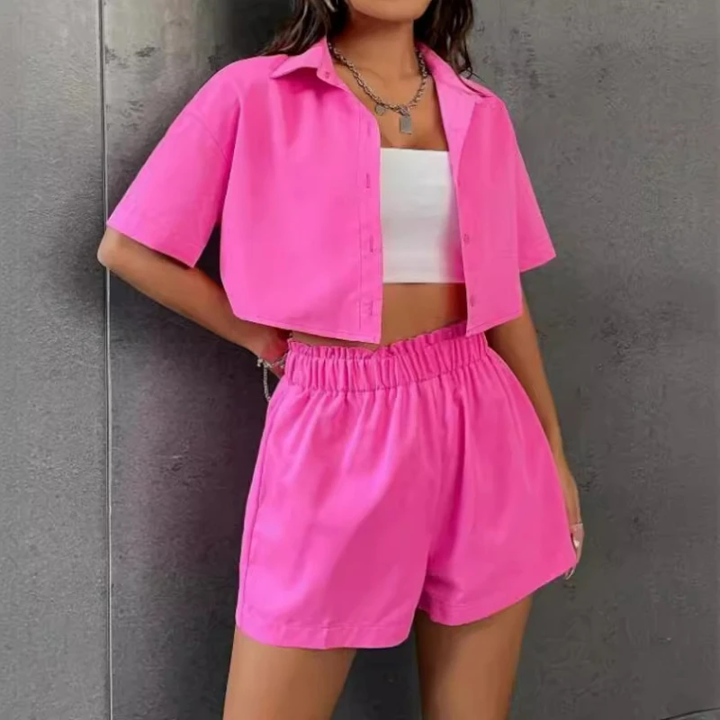 

Short Sets Women Single Breasted Blouses Two Pieces Shorts Cardigan Elastic Waist Suit Lady Button Streetwear Solid Summer