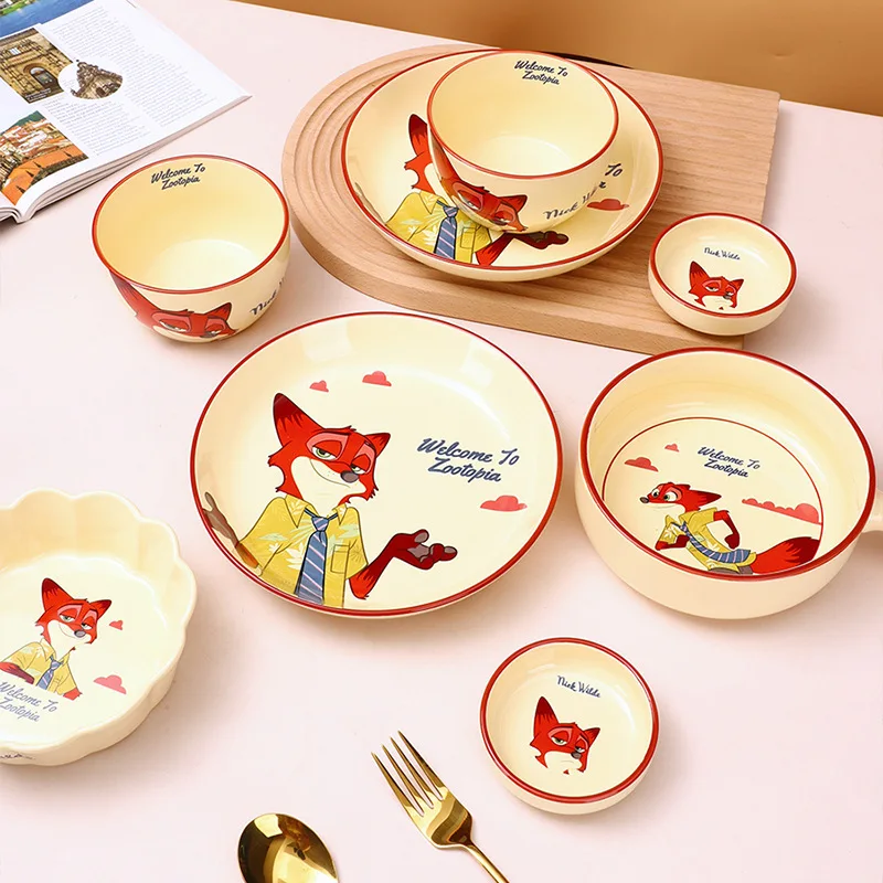 Disney Anime Cartoon Zootopia Nick Wilde zestaw ceramiczne zastawy stołowe zastawa stołowa lisa ceramiczna talerz uroczy miski na ryż