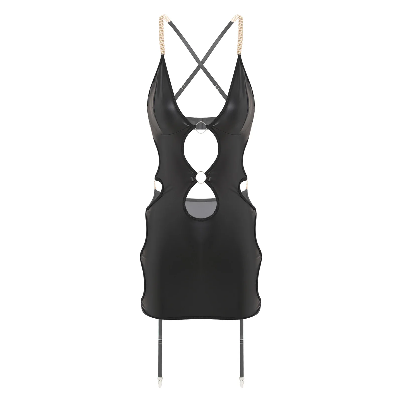 Women's Lingerie Nightdress PU Leather Breast Hollow Out Backless Sling Tube Dress Bodycon Mini Dress for Dating Nightwear
