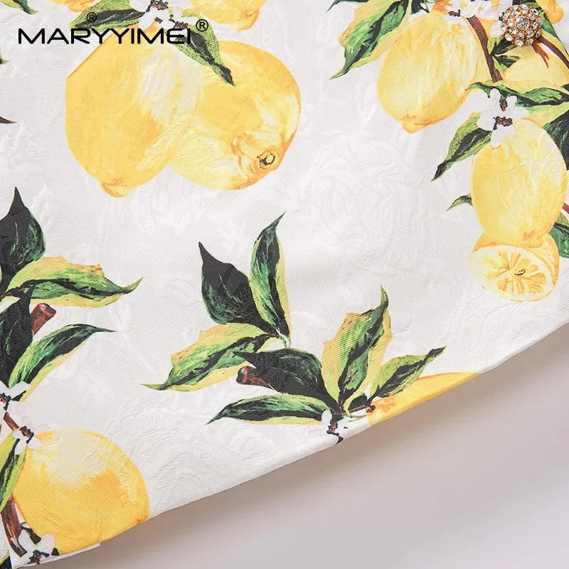 MARYYIMEI Fashion Design Summer Elegant Jacquard Short Dress Women's Sleeveless Gorgeous Beading Lemon Print Vintage Mini Dress