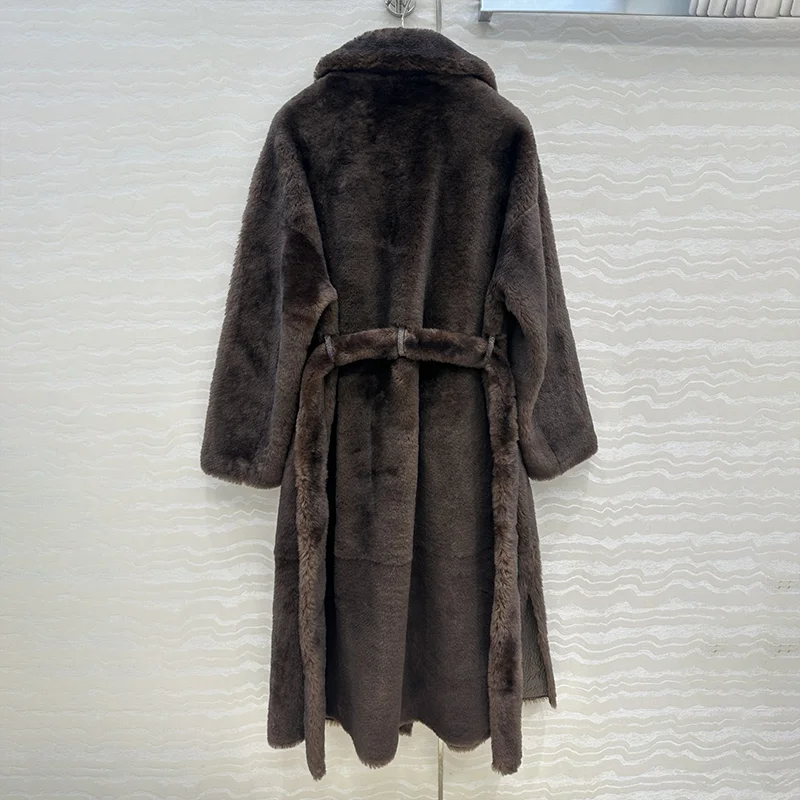 معطف صوف طويل للسيدات من الجلد الداخلي الأنيق على الطراز الكوري عالي الجودة مع ربطة خصر ملابس نسائية شتوية 25110804 #6