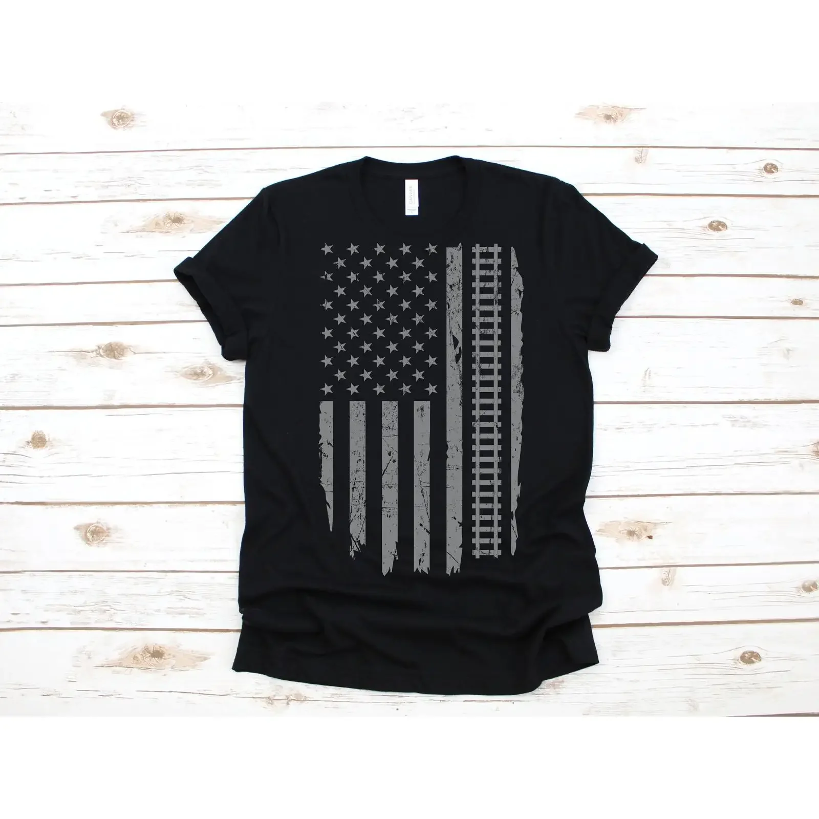 Train American Flag USA Conductor Railroad Tracks T Shirt SweaT Long Sleeve Child Apparel  vintage Washed Slightly