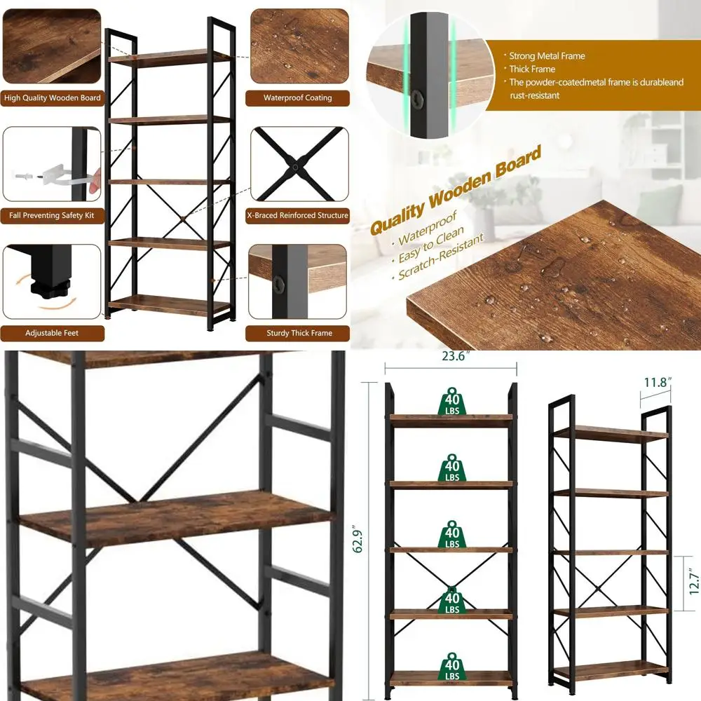 

Elegant 5-Tier Tall Bookshelf, Rustic Brown Industrial Style, Modern Storage Solution for Home, Office, and Living Spaces