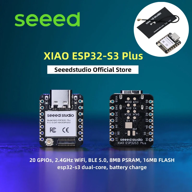 Seeed XIAO ESP32S3 Plus - 20 GPIOs, 2.4GHz WiFi, BLE 5.0, 1/2/3/5/10 PCS 8MB PSRAM, 16MB FLASH, ESP32-S3 Dual-core, Battery Char