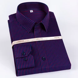 Men's Premium Non-Iron Pure Cotton Long Sleeve Formal Shirt with Spread Collar, No Pocket Plaid Striped for Business Casual Wear