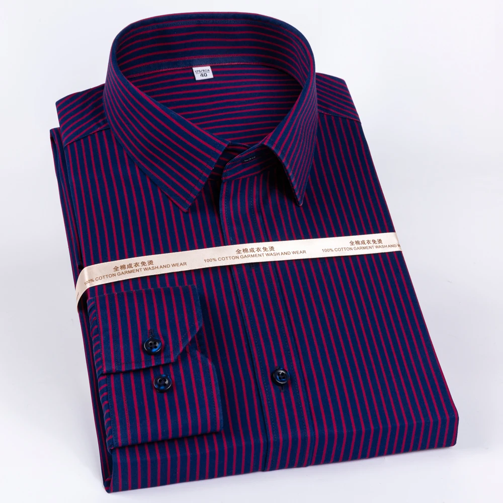 Men's Premium Non-Iron Pure Cotton Long Sleeve Formal Shirt with Spread Collar, No Pocket Plaid Striped for Business Casual Wear