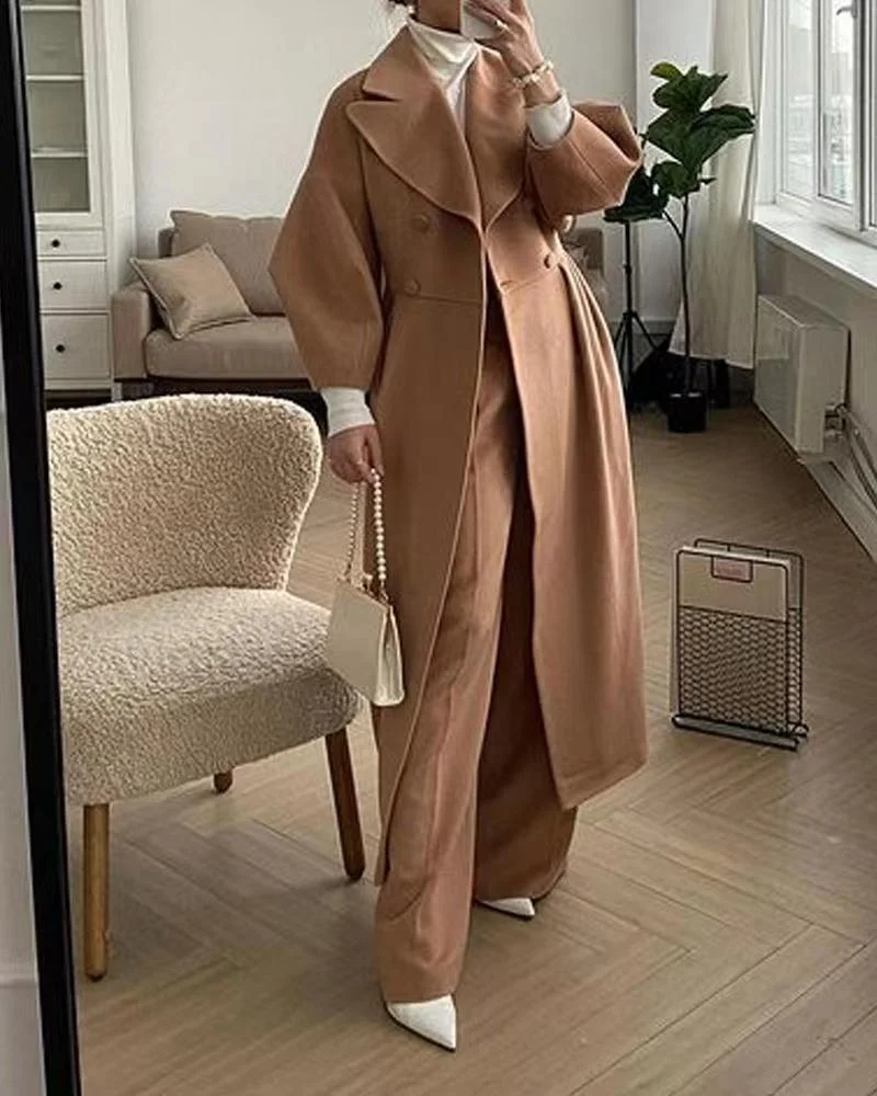 Autumn Lantern Sleeve Women Woolen Coat Lapel Double-Breasted Office Lady Long Jackets Windbreaker Thick Streetwear Female Coats