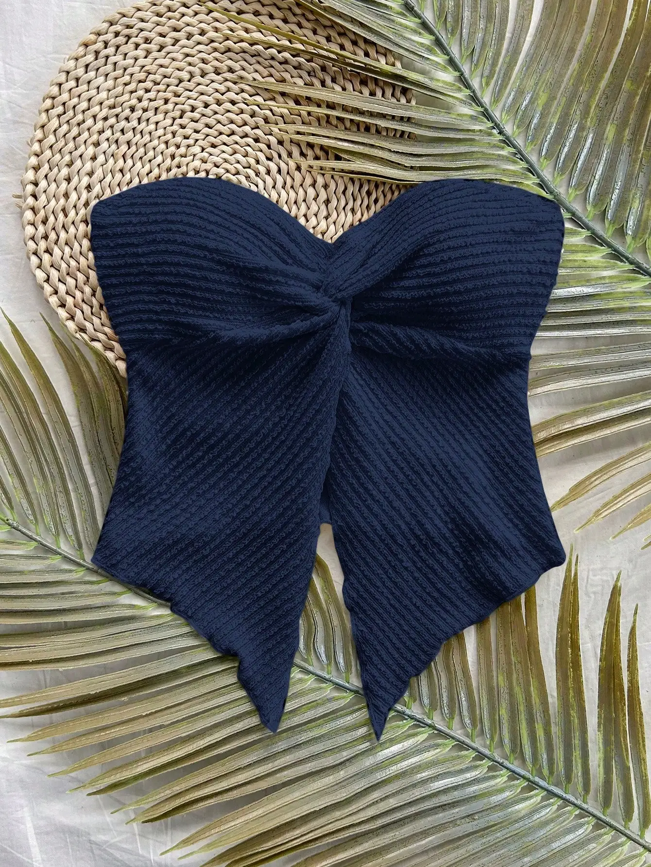 Navy Blue Knit Textured Twist Hem Top, Sleeveless Elegant Casual, Summer Beach Vacation Halloween School Top for Women