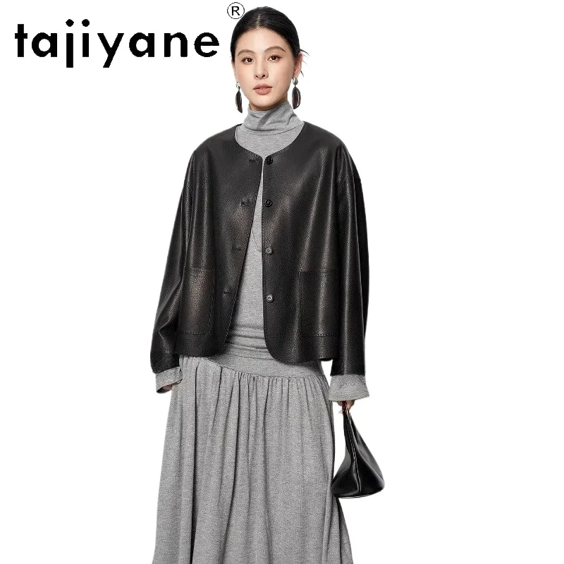 

TAJIYANE куртка из 100% козьей кожи, женская короткая куртка с круглым вырезом, высококачественные куртки из натуральной кожи, осенняя одежда 2025, шуба