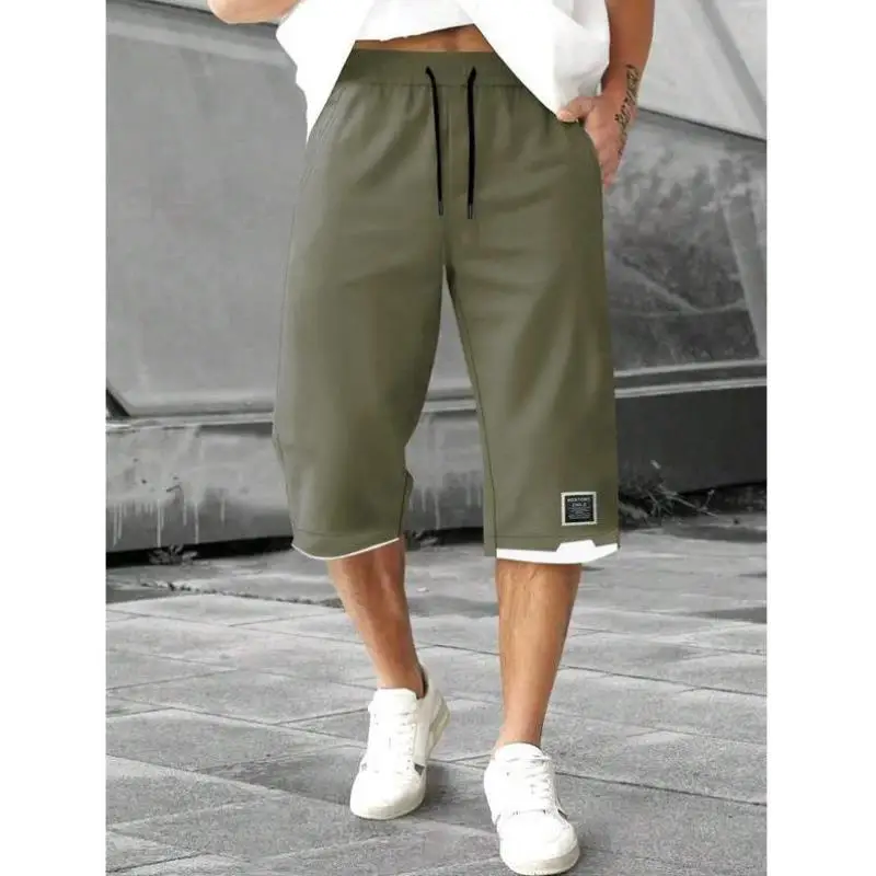 

Men's ort Pants Letter Splicing Dstring Waist Retro Sle Ciwalk Nine Points Length Elastic Micro Spring Autumn Season