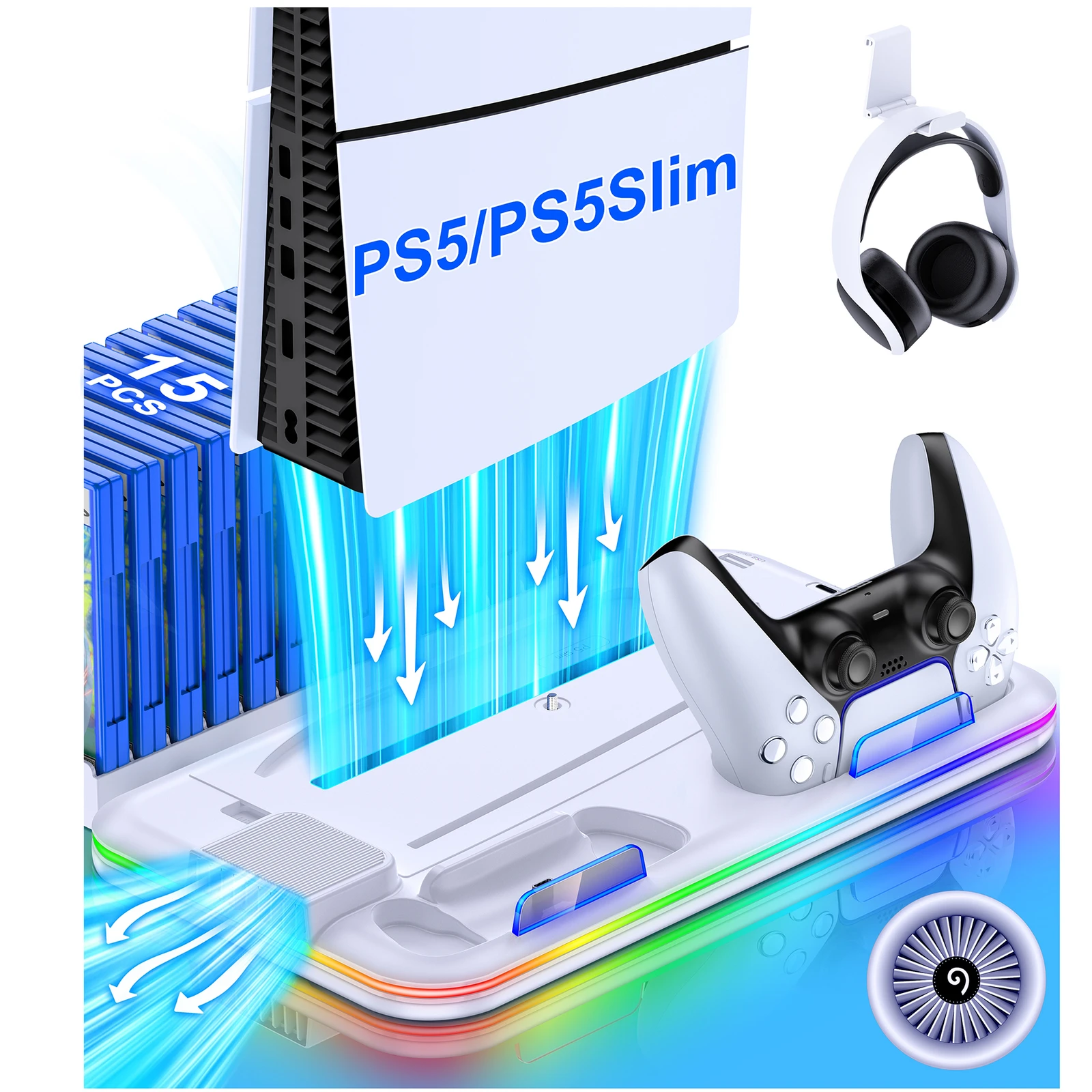 DinoFire S2001 Koelstation voor PlayStation 5 Slim Console Digitale & Disc Edition + 15 Game Slot