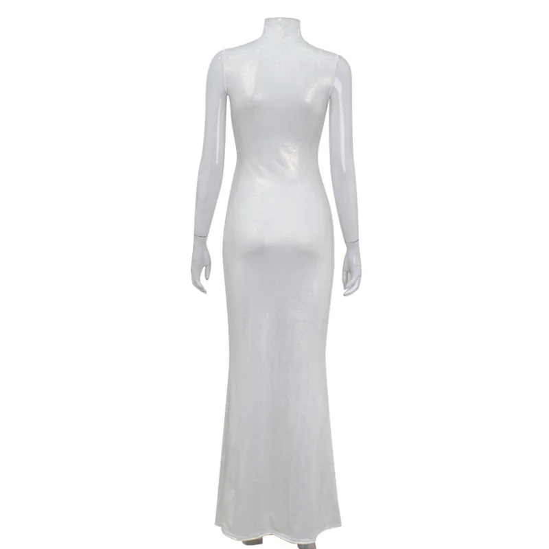 우아한 여성용 솔리드 슬리브리스 하이넥 맥시 드레스 슬림핏 머메이드 헴 롱 바디콘 이브닝 가운 파티 프롬 칵테일 행사용