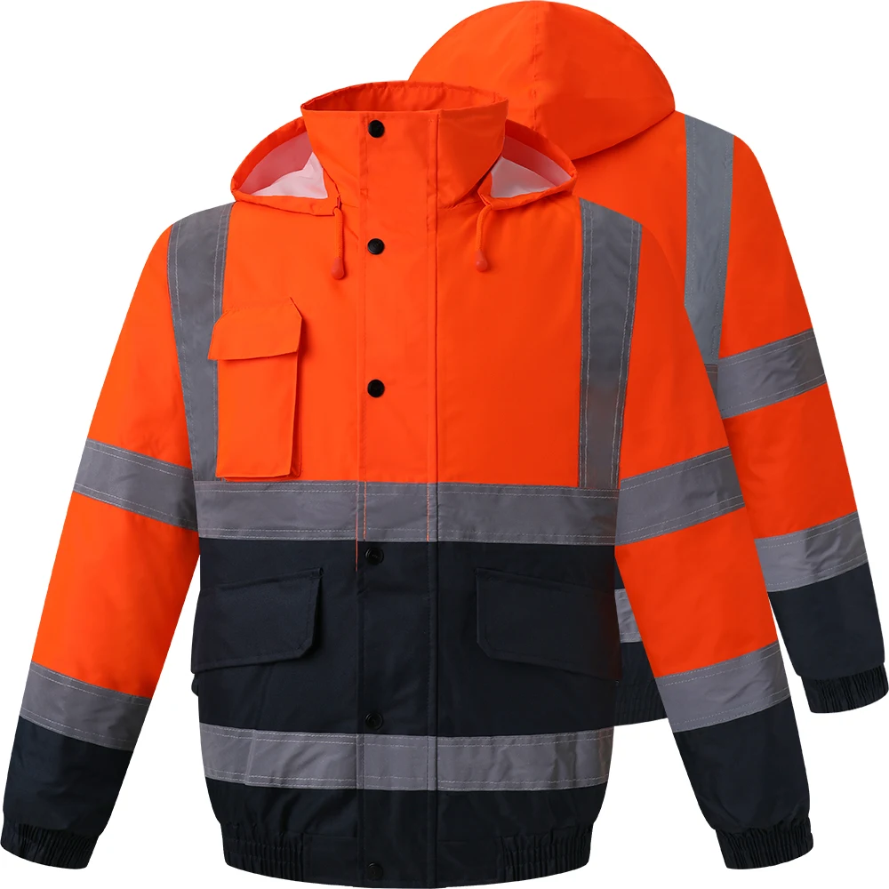 High Visibility Winter Safety Jacket Reflective Bomber Jacket Insulated Multiple Pockets Safety Workwear For Men