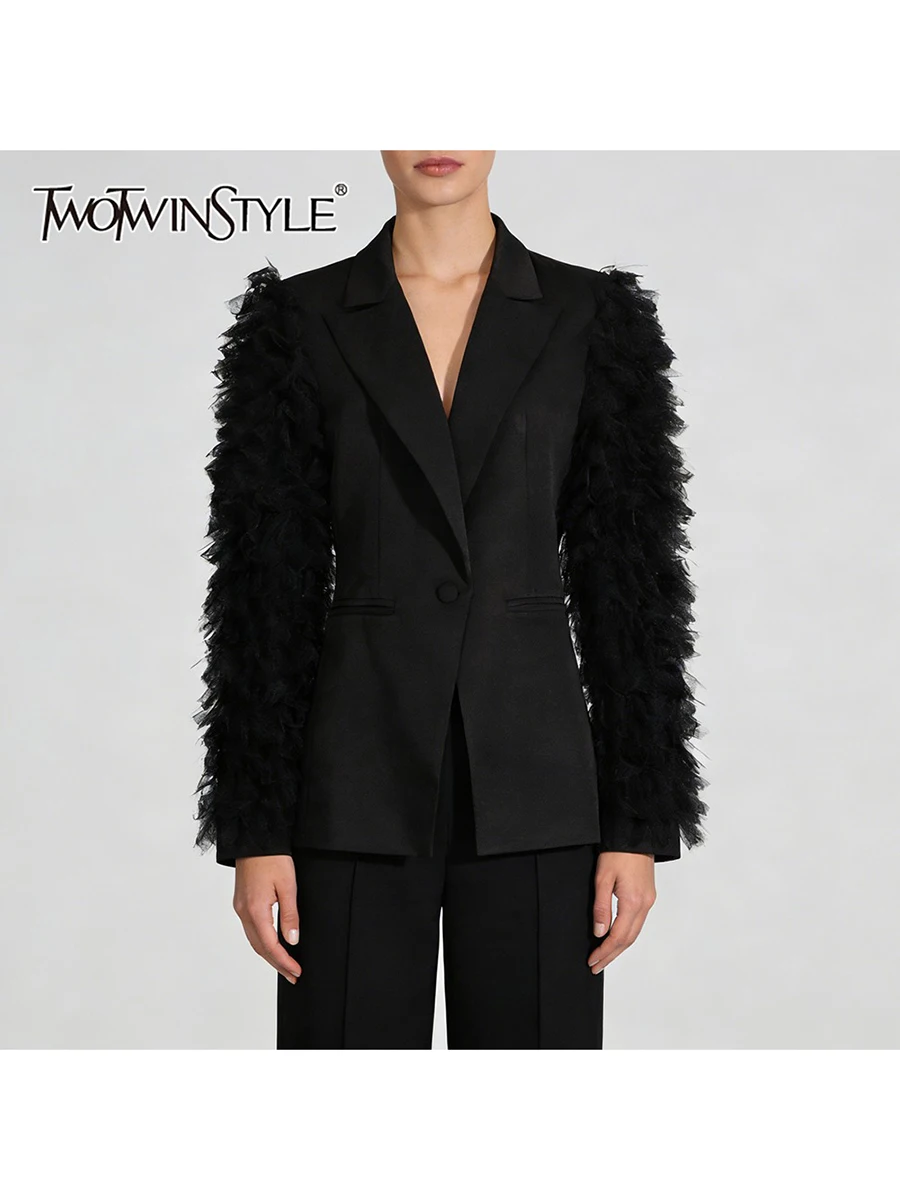 TWOTWINSTYLE Solid Slimming Spliced Meash Fashion Blazer for Women Lapel Long Sleeves Patchwork Folds Temperament Blazers Female