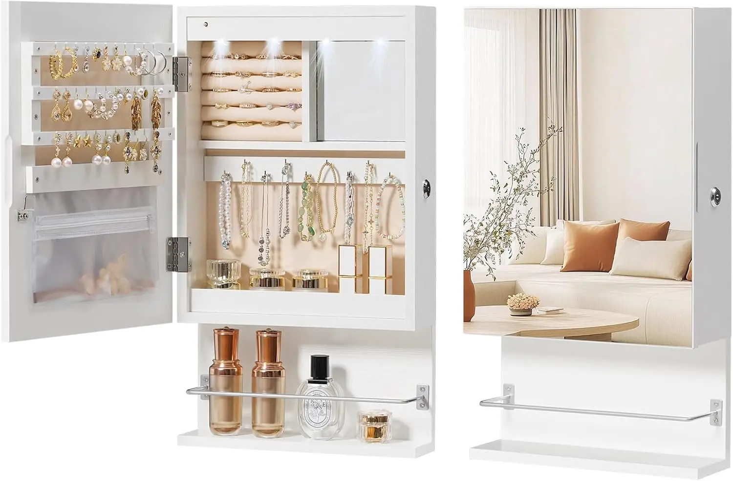 خزانة مجوهرات مثبتة على الحائط، خزانة مجوهرات LED مع مرآة داخلية، منظم مجوهرات معلق للجدار