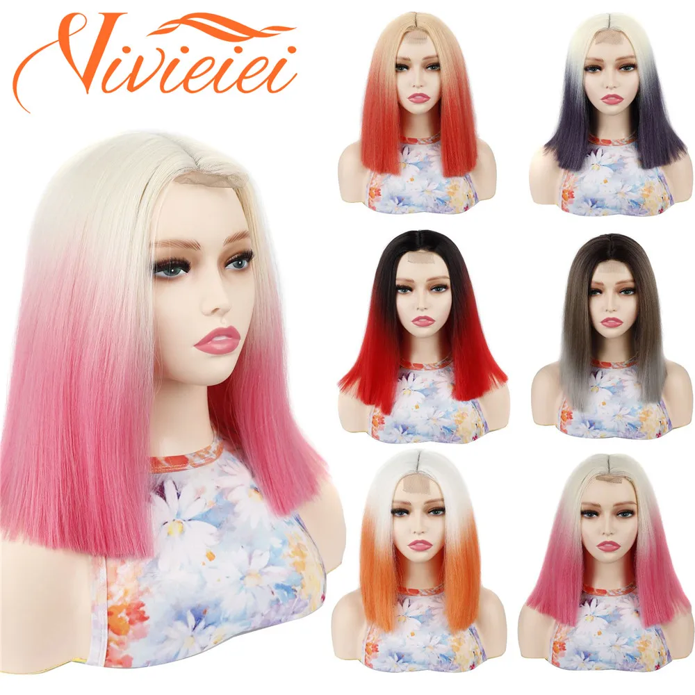 

VIVIEIEI Synthetic Wigs Short Blonde Wig Straight Bob Wig for Women Middle Part Lace Front Ombre Blonde Pink Orange Cosplay Hair