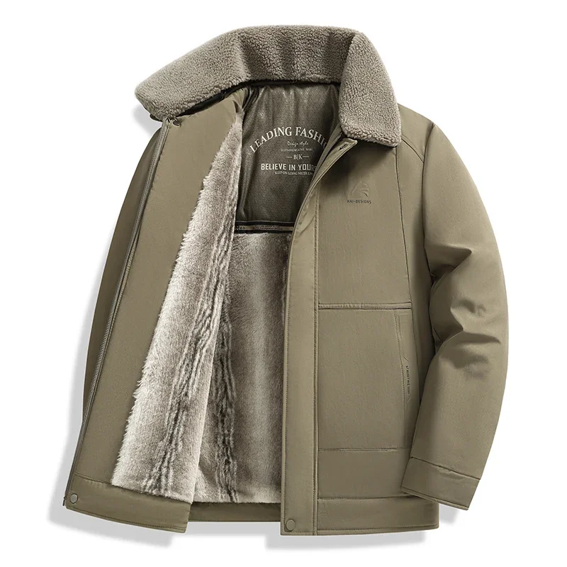 Men's Winter Coat Fur Collar Brown Thick Sherpa Lined Jacket Button Up Thick Warm Padded Outerwear for Father Dad Casual 2666