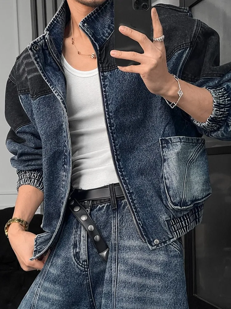 

Male Vintage Patchwork Loose Fit Wide Leg Pants Jacket Denim Set High Street Cowboy Outfits Jeans Short Coat Mens Two Piece Sets