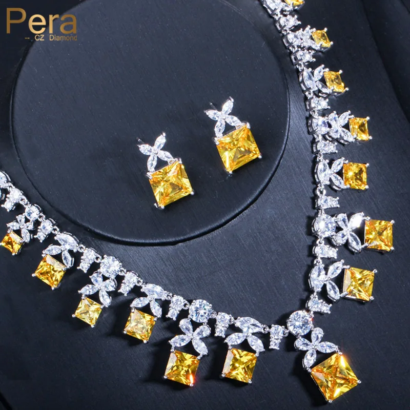 

Pera Classic Square Cut Yellow Cubic Zirconia Choker Necklace and Earrings for Women Costume Wedding Party Jewelry Sets J278