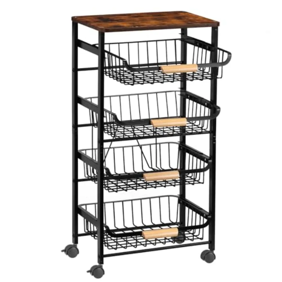 

Kitchen Storage Rolling Cart on Wheels 5 Tier Metal Rolling Utility Mesh Basket Pantry Cart Rack with Wooden Tabletop for Fruit