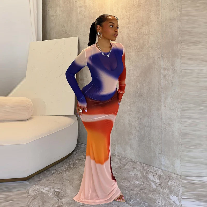 

Элегантное длинное платье с цветным принтом для вечеринок, с длинными рукавами, круглым вырезом, облегающее, для клуба, вечеринок и торжеств.