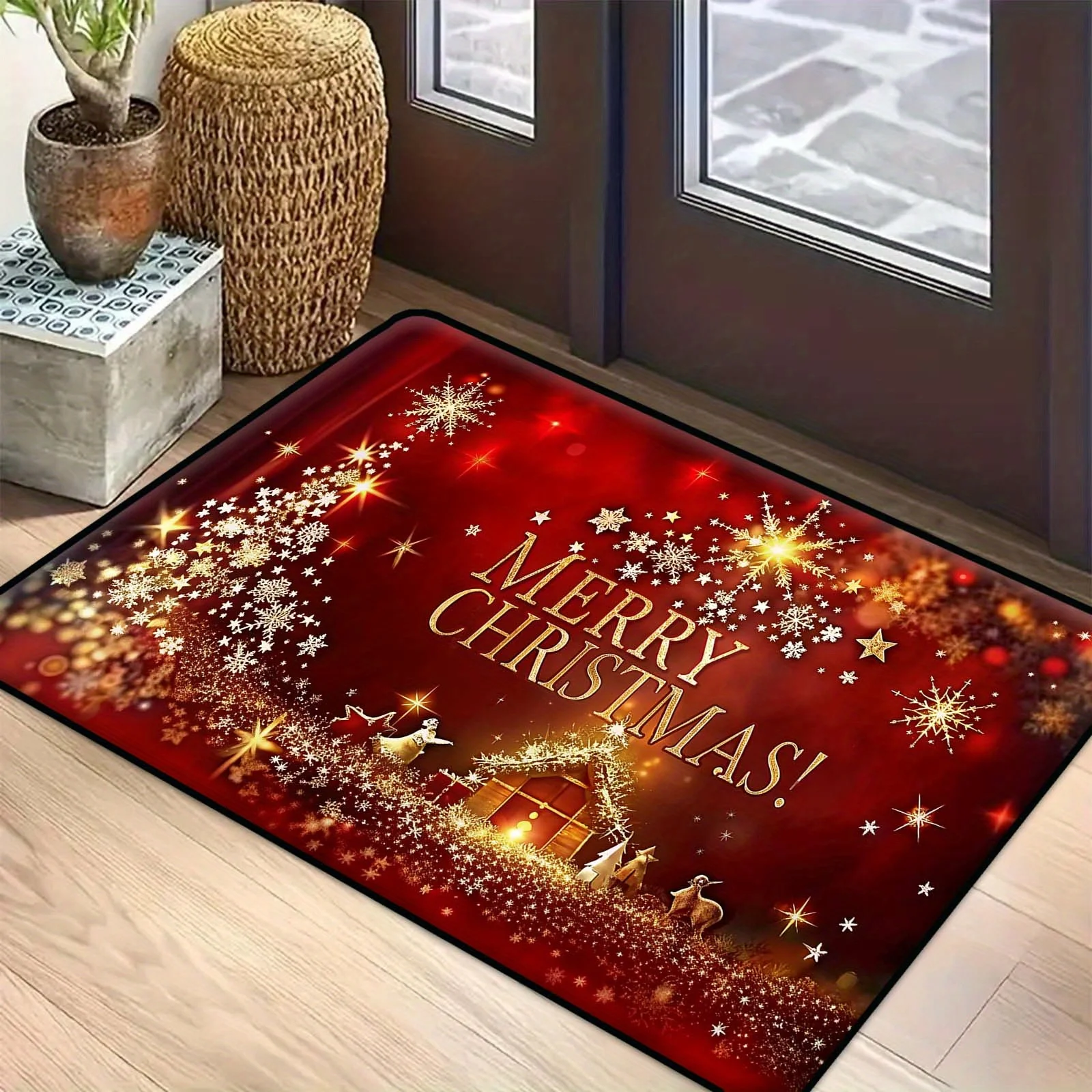 VIKAMA Christmas Doormat Non‑Slip Front Door Rug Washable Indoor Outdoor Xmas Star Snowflake Winter Home Entrance Decor Mat