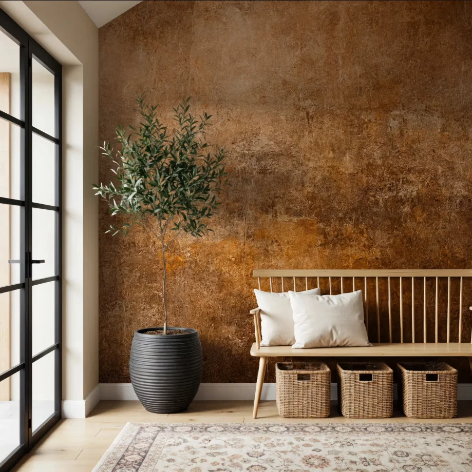 Custom Sized Murals with Warm Brown and Orange Tones Textured Walls with Ancient Brushstrokes and Rough Speckled Photo Wallpaper