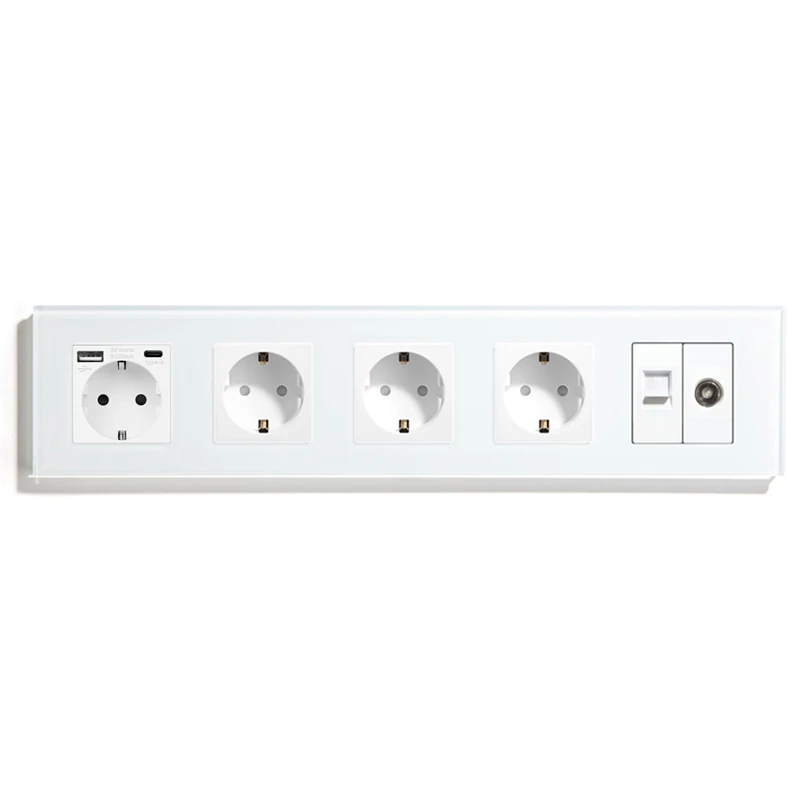Bingoelec EU Standard Triple Wall socket TV Computer Internet Rj45 network connector Glass Panel White Black Home Improvement