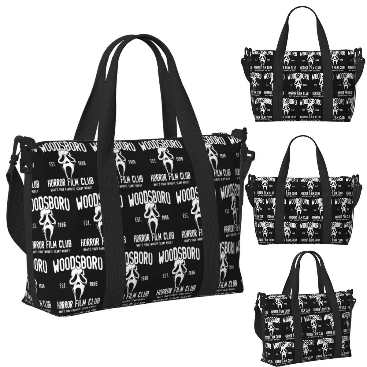 

Custom Scream Woodsboro Film Club Beach Travel Bag Large Capacity Tote Bags for Gym Yoga Women Shopping Duffle Shoulder Bag