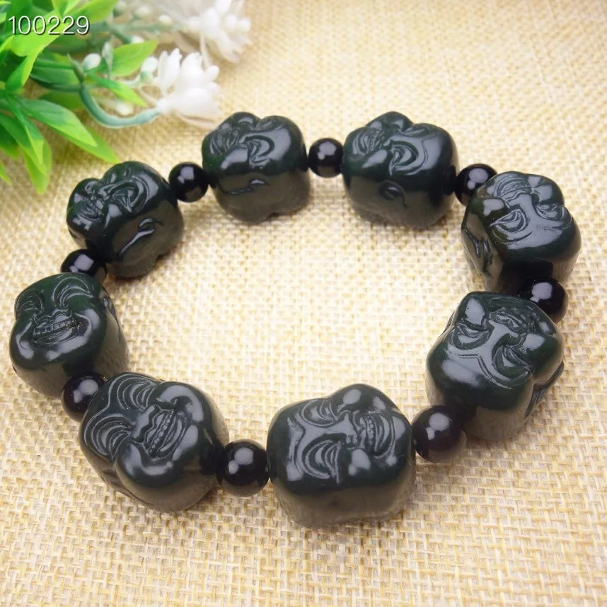 New Natural Hetian Qing-Jade Buddha Head Hand String Beads Double-sided Smilin-Buddha Jades Handring Bangle Bracelet Fine Jewely