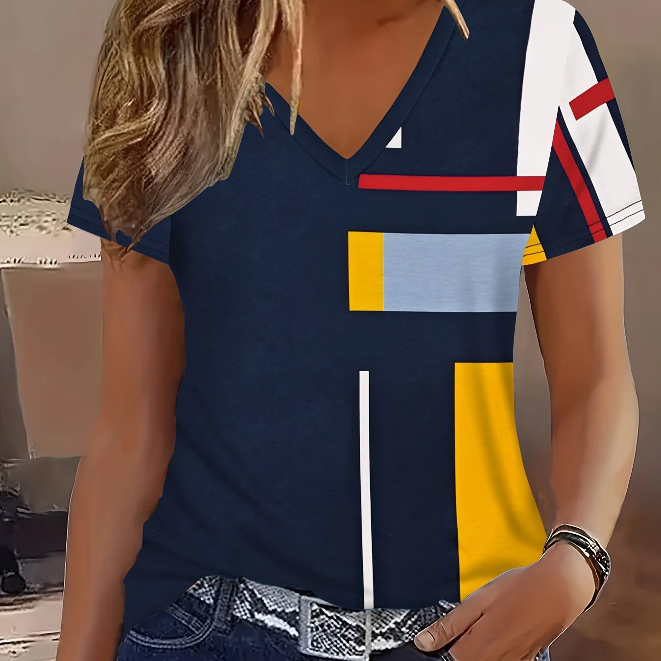 

Summer 3D Plaid Colour block Print Women's T-shirt Outdoor Casual V-neck Short Sleeve Tees Fashion Oversize Y2k Female Clothing