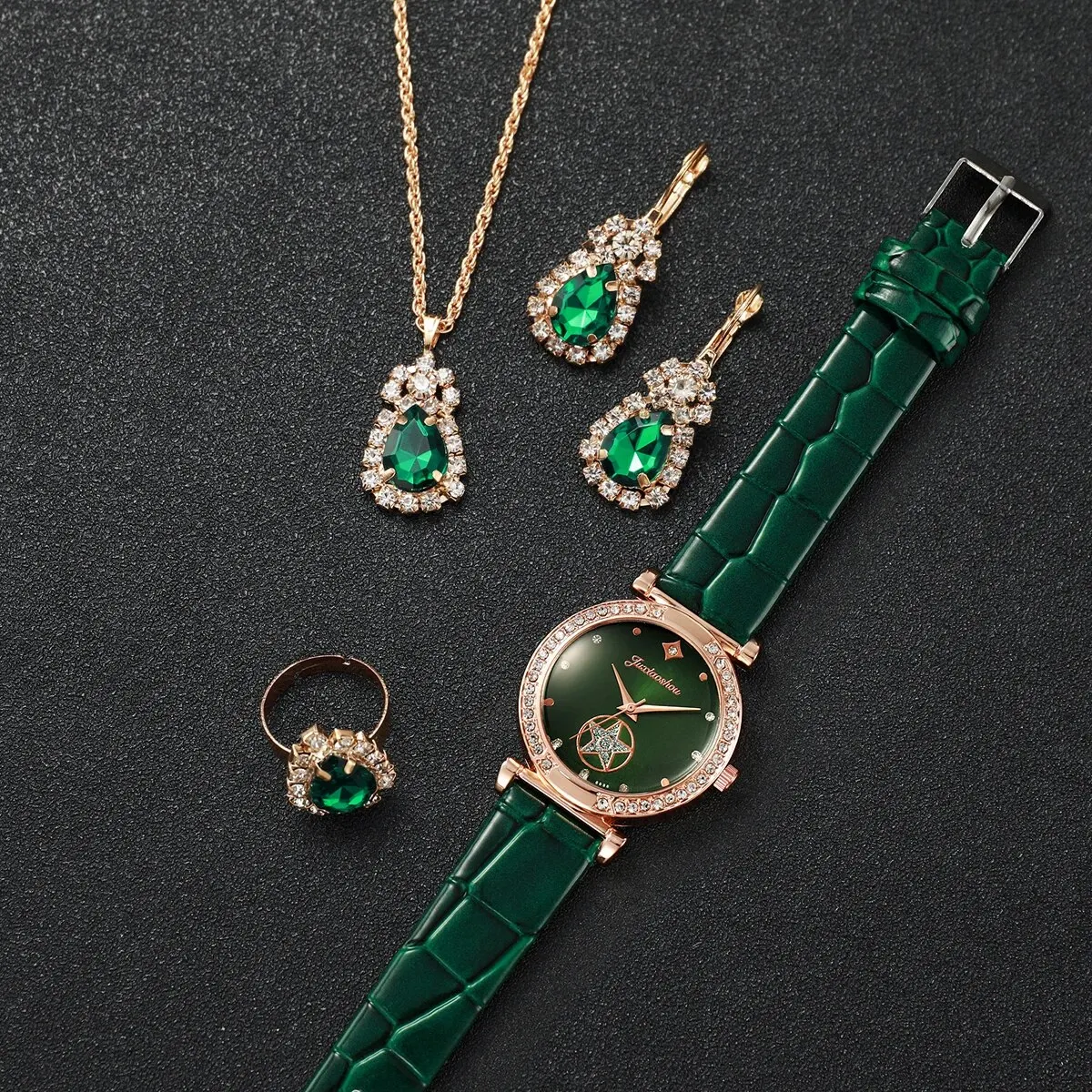 

6 pçs/set Fashionable Simple Diamond Ladies' Leather Belt Watch Smooth Leather Quartz Watch for Women