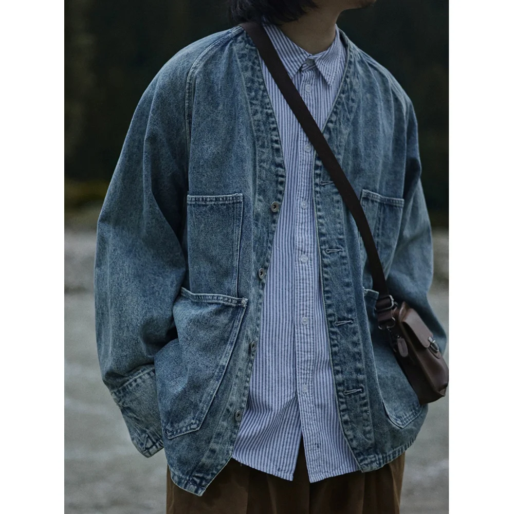 

Autumn Japanese Washed Denim Cardigan Coat Men Streetwear Fashion Loose Casual Vintage Denim Cargo Jacket Male Jeans Coats