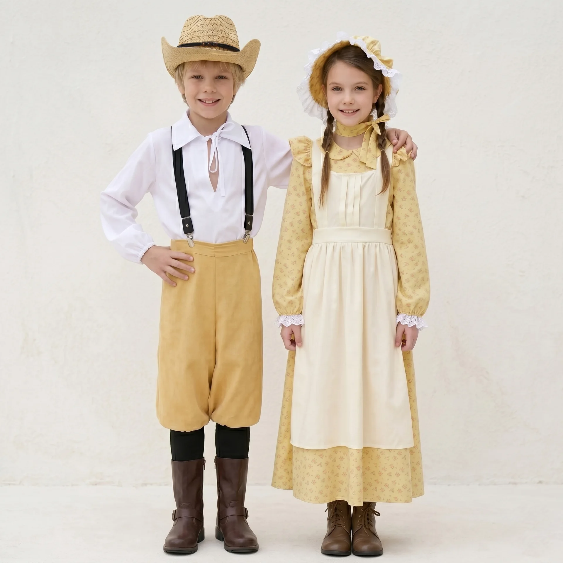 Conjunto de Disfraz Colonial de Pionero para Niños y Niñas, Traje Histórico de Granjero para Halloween, Día Cultural Escolar y Actuaciones