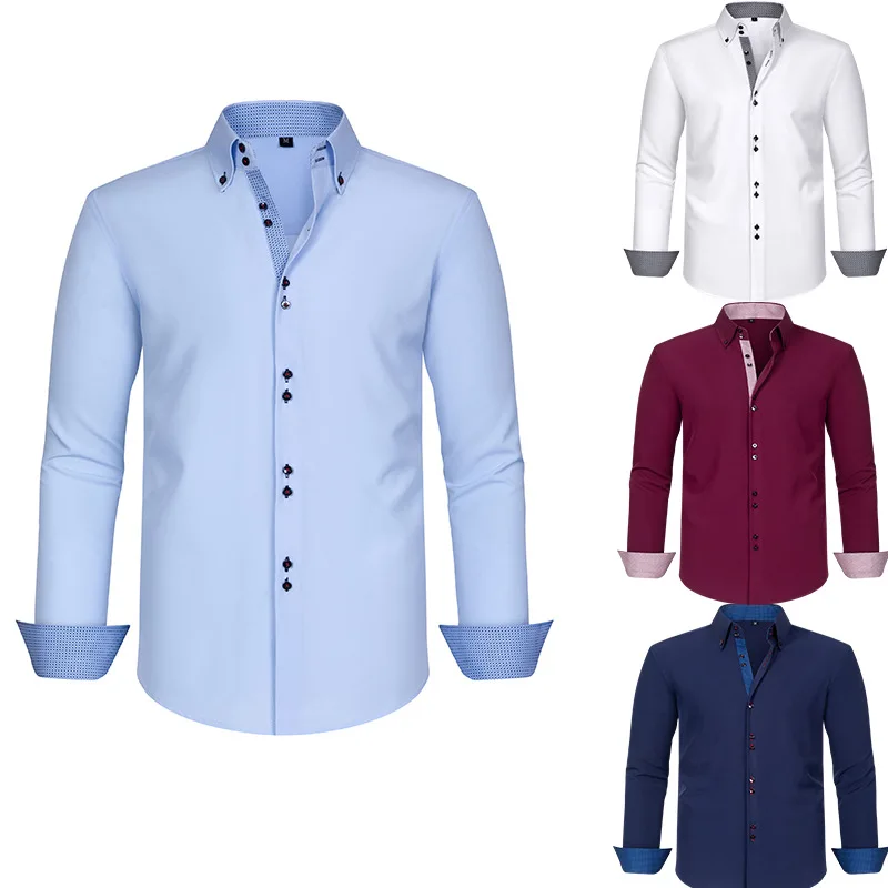 

Men's Polyester Solid Color Black Shirts Long Sleeve Blue Paisley Patchwork Social Casual Dress Shirt Elegant Men Clothing
