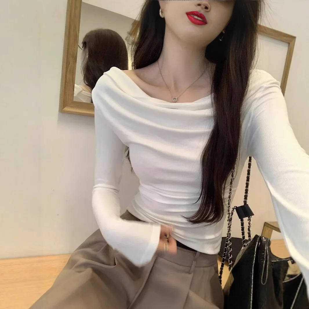New Arrival Beautiful One-Shoulder Long-Sleeve T-Shirt Women's Early Autumn Korean Style Slimming Heart-Minded Top
